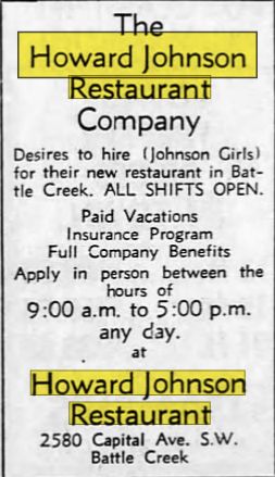 Howard Johnsons Restaurant - Nov 1962 Help Wanted Battle Creek (newer photo)